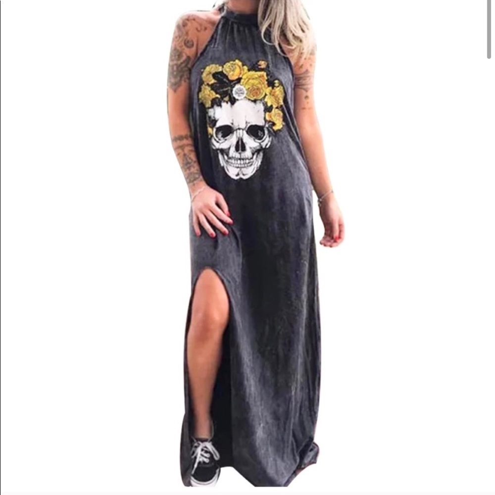 Skull & Roses Maxi Dress NEW Charcoal Gray - Picture 5 of 11